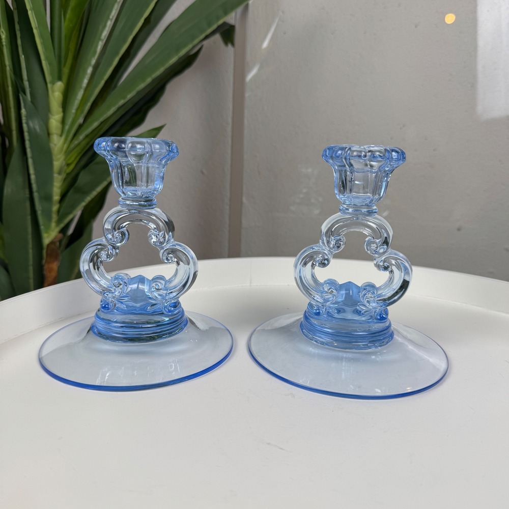 Vintage Cambridge Glass Keyhole Candlestick Pair Blue Scroll Openwork Stem 5"
